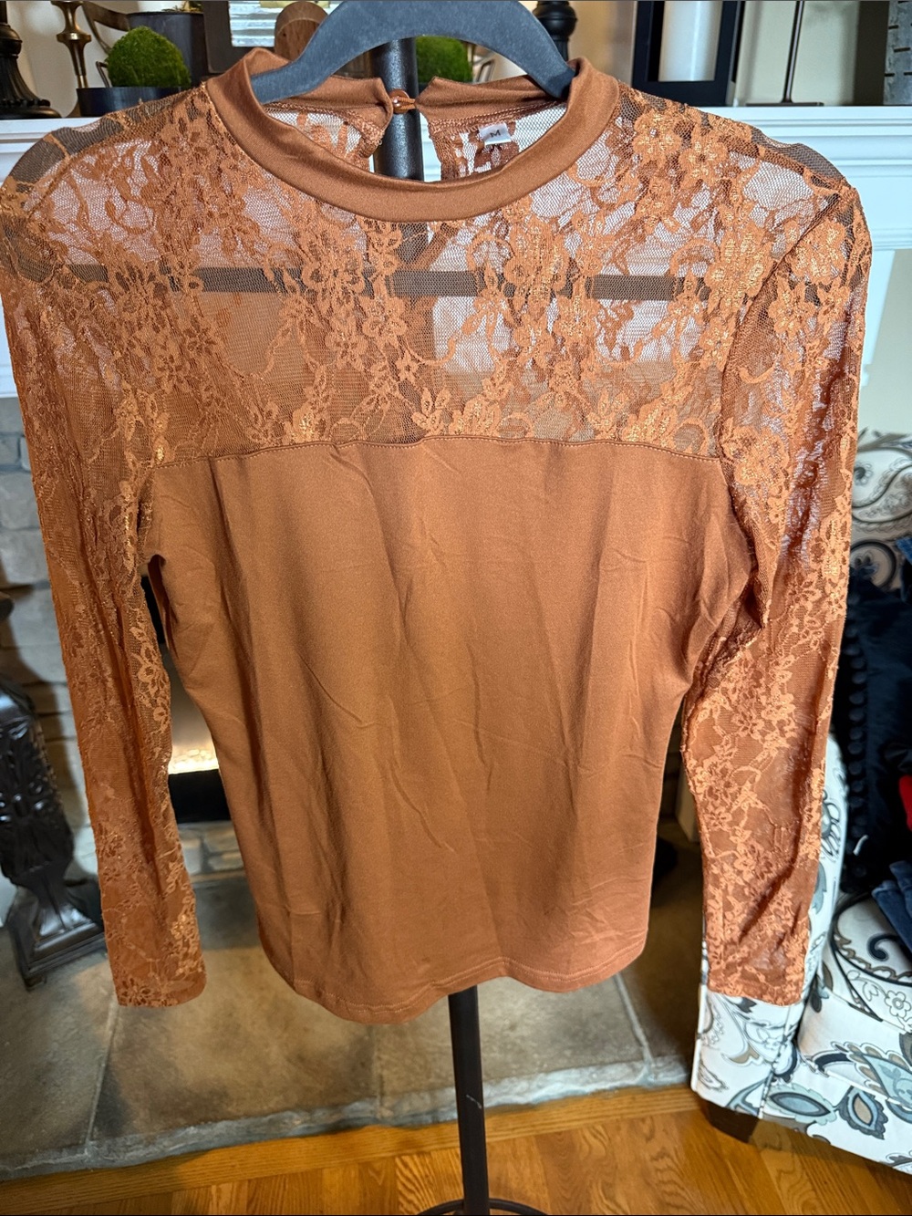 Lace Yoke Long-Sleeve Top in Rust